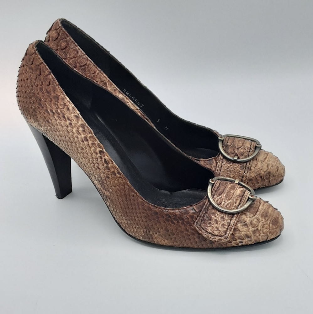 Stuart Weitzman Leather Snakeskin Pump with Buckle Detail.